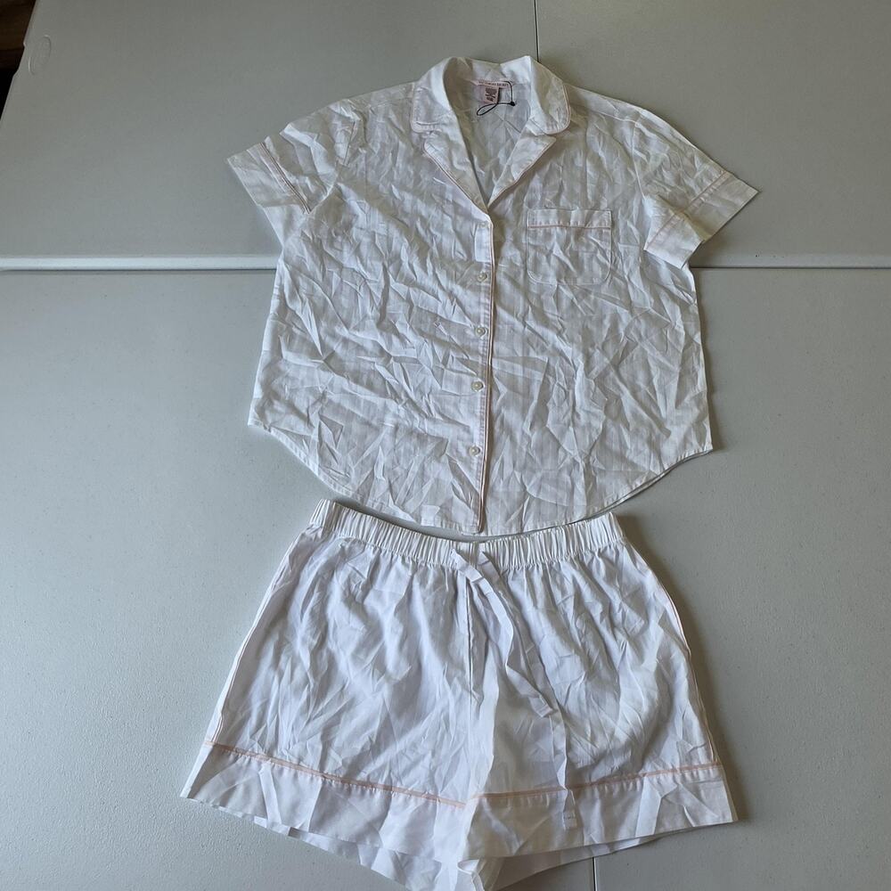 Victoria's Secret Pajama Set Womens Small White Modal Button Top Shorts Piping